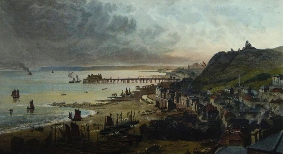 Henry Adlard, British 1824-1869- Hastings; Thames Embankment from Somerset House; The new harbour of refuge at Holyhead; hand-coloured engravings, three, each 27 x 46.3 cm.: B. Lasbury, Windsor Castle from the Great Western Railway; hand-coloured...
