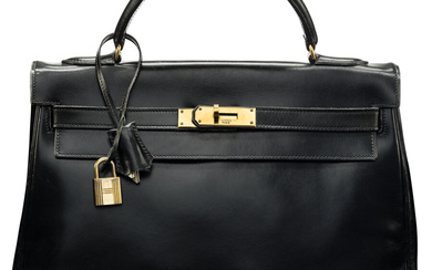 Hermès Vintage 32cm Black Box Calf Retourne Kelly Bag...