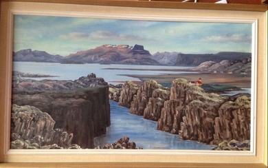 Hjörvar Kristjánsson: Thingvellir. Signed Hjörvar K. Oil on canvas. 48×87.5 cm. Frame size 60×102 cm.