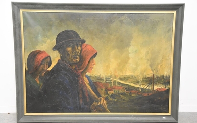 Huile sur toile signée A. Holda "Paysage minier avec mineur et femmes" (95 x 135cm)...
