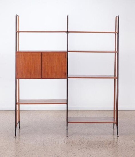ITALIAN WOOD IRON OPEN BOOKCASE WITH CABINET 1960