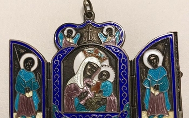 Icon, Travel icon, Triptych, Mother of God of Tichvin - Enamel, Silver - Late 19th century