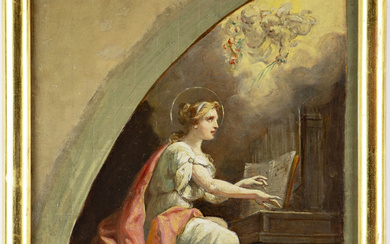 Ignoto del secolo XIX "Bozzetto per lunetta raffigurante Santa Cecilia" olio su tela (cm 47x34,5) monograammato "M. R." in…