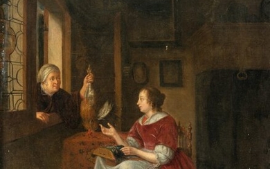 Interior with lace maker and a poultry sale at the window