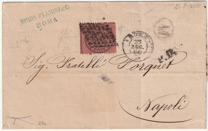 Italian Ancient States - Papal State 1868 - 20 cents pink brown with sheet margin on letter from Rome to Naples - Sassone N. 27c