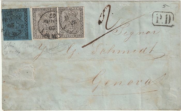 Italian Ancient States - Parma 1855 - 40 cents stamp with ‘two large fret patterns’, 10 c. pair on letter from Parma to Genoa - Sassone NN. 2, 5e
