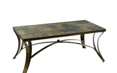 Italian Patinated Steel and Slate Tile Top Coffee Table
