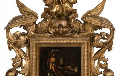 Italian school; 18th Century. "Saint John Baptist". Oil on slate or obsidian. It has a 19th century