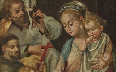 Italie ( ?)16e/17e s. La Sainte Famille avec un ange et Saint François de dos....