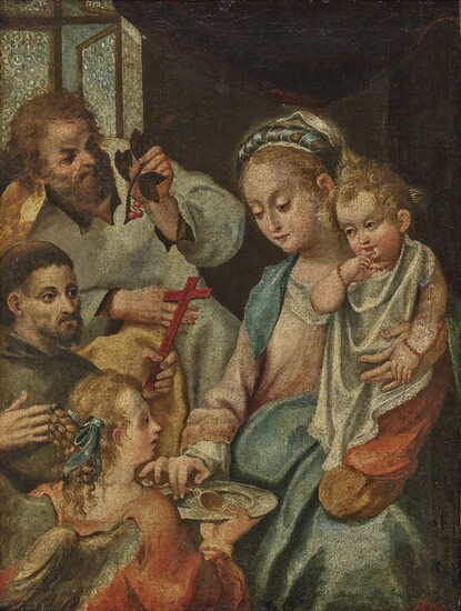 Italie ( ?)16e/17e s. La Sainte Famille avec un ange et Saint François de dos....
