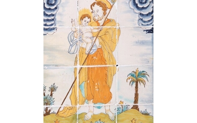 Italie 18e/19e siècle "Saint Joseph avec l'enfant Jésus Douze carreaux de céramique Cuit à l'argile,...