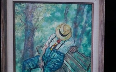 J. CAMPOS 1968 SIGNED OIL ON CANVAS "NOON NAP" 30" X 24"