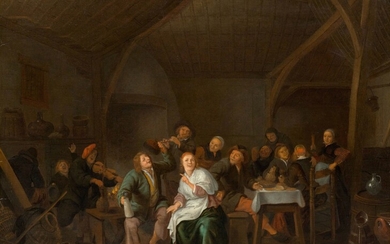 JAN MIENSE MOLENAER(c. 1610 Haarlem 1668)Joyeuse compagnie dans une auberge. Huile sur bois. 47,5 ×...