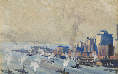 JOSEPH PENNELL Lower Manhattan and New York Harbor. Watercolor and gouache on paper,...