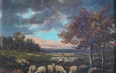 Jean LECLAIR (1919-1996) Troupeau de moutons au crépuscule. Huile sur panneau signée en bas à...