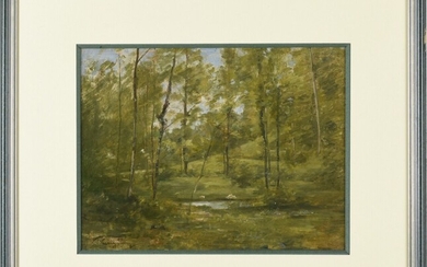 Jean-Marie REIGNIER (1815-1886) Paysage de forêt Huile sur panneau Signée en bas à gauche 24...