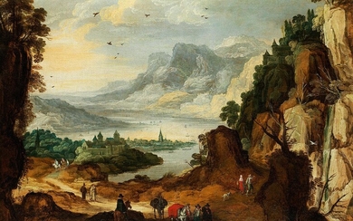 Joos de Momper d. J. (1564 – 1635) und Jan Brueghel d. J. (1601 – 1678), BERGLANDSCHAFT MIT REISENDEN UND FLUSS IM TAL, UM 1620