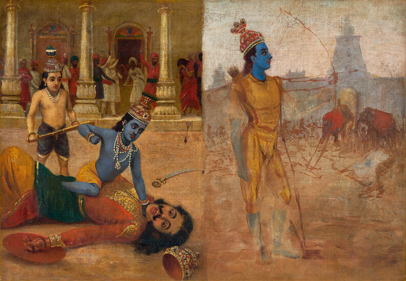 Killing of Kamsa (left), Figure of Youthful Krishna (right)
