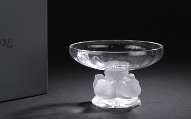 LALIQUE France Coupe aux moineaux en cristal translucide pressé moulé, modèle "Nogent". H_9 cm -...
