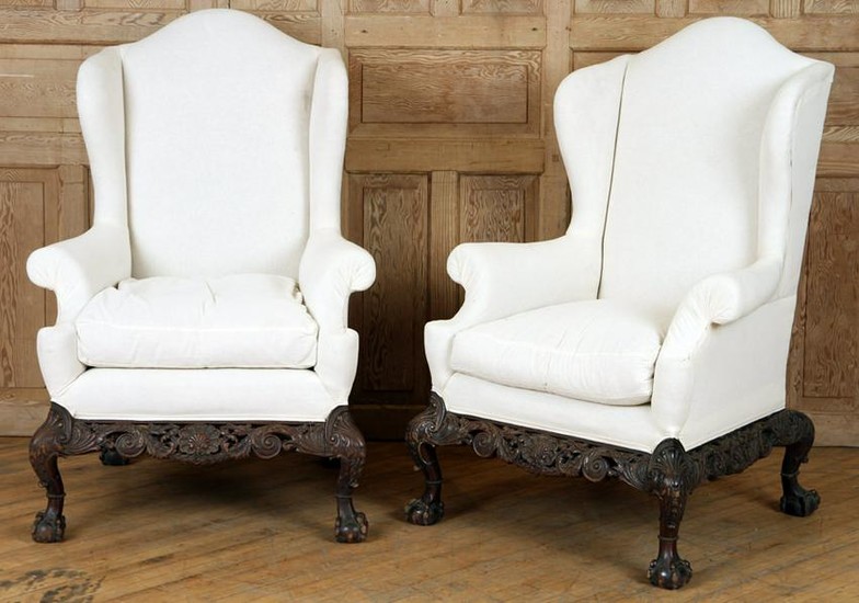 LARGE PAIR CHIPPENDALE STYLE WING CHAIRS C.1890