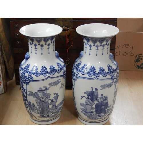 Large Pair of Chinese Blue & White Vases with Figural Scenes...