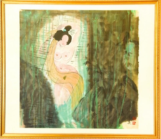 Large Signed Chinese Painting of a Nude Female
