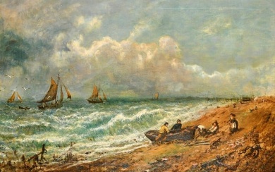 Large Victorian Oil Painting Fisherfolk on Windswept Beach Choppy Seas & Sky
