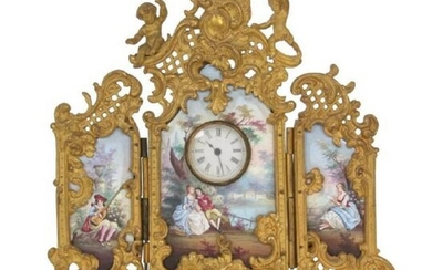 Large Viennese Enamel Ormolu Gilt Bronze 3 Panel Clock