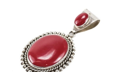 Large Vintage Mexican Sterling Silver Red Jasper Cabochon Pendant 41.9grams