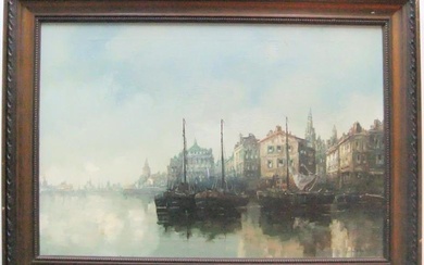Large indisinctly signed Dutch harbour scene oil, wood framed....