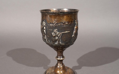 Late Victorian 'Soldier Camp Scene' Embossed Partially Gilt Sterling Silver Chalice by Robert Harper, London, Circa 1901, H: 7 1/2 in. (19.1 cm.), 9.3 ozt