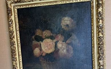 Le panier de fleurs Huile sur toile. 45x37,5cm (craquelures)