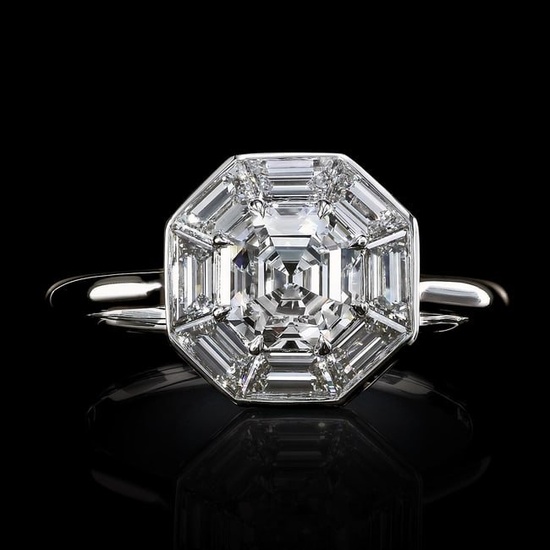 Leon Mege platinum ring solitaire with certified 1.83 ct Asscher cut diamond