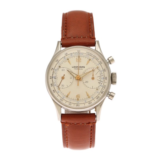 Leonidas: A gentleman's wristwatch of steel, ref. 359949. Mechanical chronograph movement with manual winding, cal. L 248. 1950s.