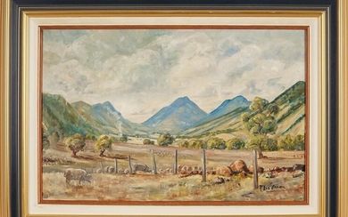Les Graham (1942 - ) - Grazing Sheep, Macleay Valley 41 x 63 cm (frame: 62 x 84 x 5 cm)