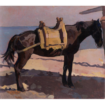 Llewelyn Lloyd ( Livorno 1879 - Firenze 1949 ) , "Cavallo a Marciana Marina" 921 olio su cartone pressato (cm 30x40) Firmato e datato in basso a destra Al retro:...