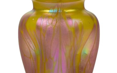 Loetz (Austrian), an iridescent Medici decorated glass vase on a yellow ground, c.1902, ground out pontil, Having dimpled sides and everted rim, with pink and green iridescence on a yellow ground, 11 cm high, Property from a private collection