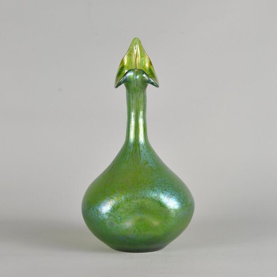 Loetz glassworks green glass vase with stretched goose neck surmounted by a Jack-in-the-Pulpit rim above a bulbous dimpled body, the body cased in a papillon petrol blue iridescent finish. Circa 1890. Height 25 cm