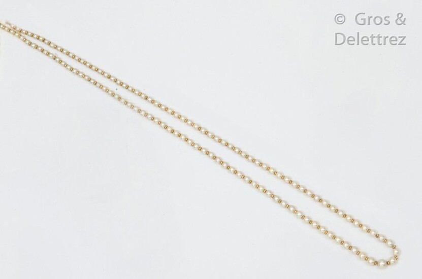 Long necklace made of a fall of cultured pearls alternating with gadrooned yellow gold ferrules. Diameter of the pearls: 3.2 to 7mm. Ratchet clasp in yellow gold with eight safety clasps. Length: 71cm. Gross weight: 29g.