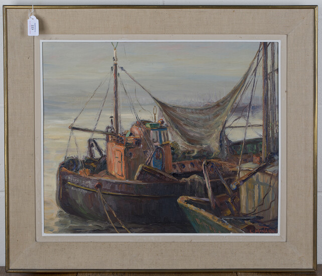 Louis Montaigu - Harbour Scene with Moored Trawlers, 20th century oil on panel, signed, 48cm x 59cm