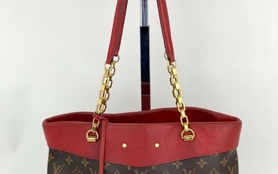Louis Vuitton Bag Monogram Canvas Red Leather Pallas Shopper Hand Tote A853 AUTH