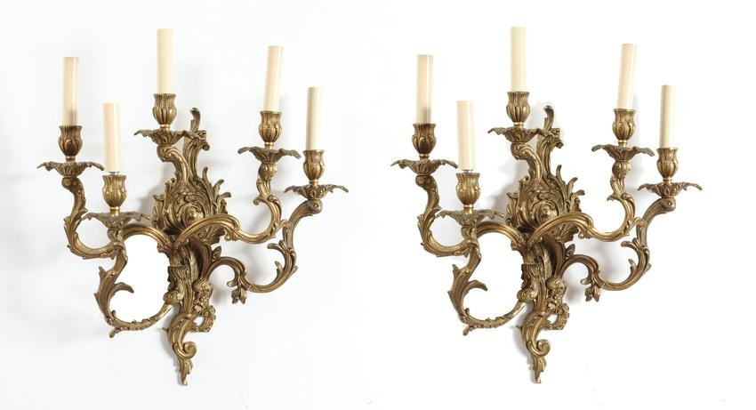 Louis XV Style Gilt Bronze Five-Arm Sconces, Pair