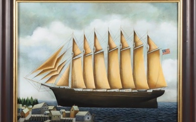 Lowell Herrero Oil on Canvas "7-Masted Clippership", circa 1989