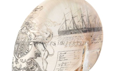 [M] A LARGE-SIZED MID-19TH CENTURY SCRIMSHAW WORKED NAUTILUS SHELL BY C.H. WOOD