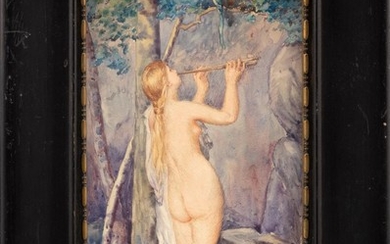 MANNER OF SADIE IRVINE, 19th Century, A nude in the forest., Watercolor on paper, 7.25" x 4.25". Framed 10.5" x 7.5".