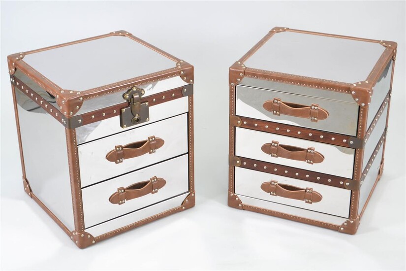 MATCHED PAIR OF CAMPAIGN STYLE METAL AND LEATHER END TABLES