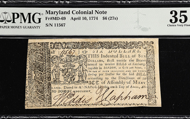 MD-69. Maryland. April 10, 1774. $6 (27s). PMG Choice Very Fine 35.