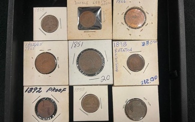 MIxed group of 9 U.S. cents, 2 cent pieces and more.