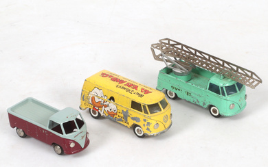 MODEL CARS, 3 pcs, sheet metal, Volkswagen pickup/van, one with ladder. No. 405/406, Tekno Toys, Denmark.