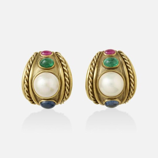 Mabe cultured pearl, multi-gem, and gold earrings